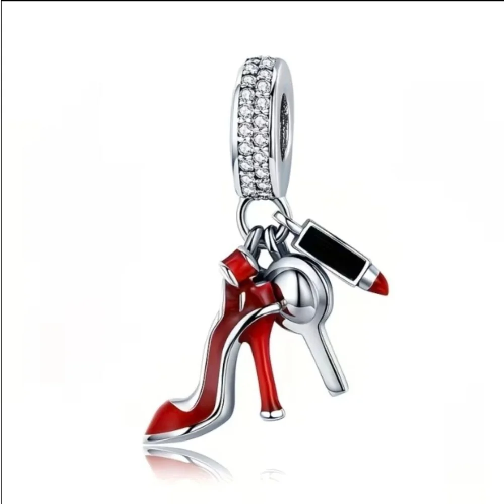 Women's Silver & Red High Heel & Lipstick Charm Bracelet - Picture 3 of 4
